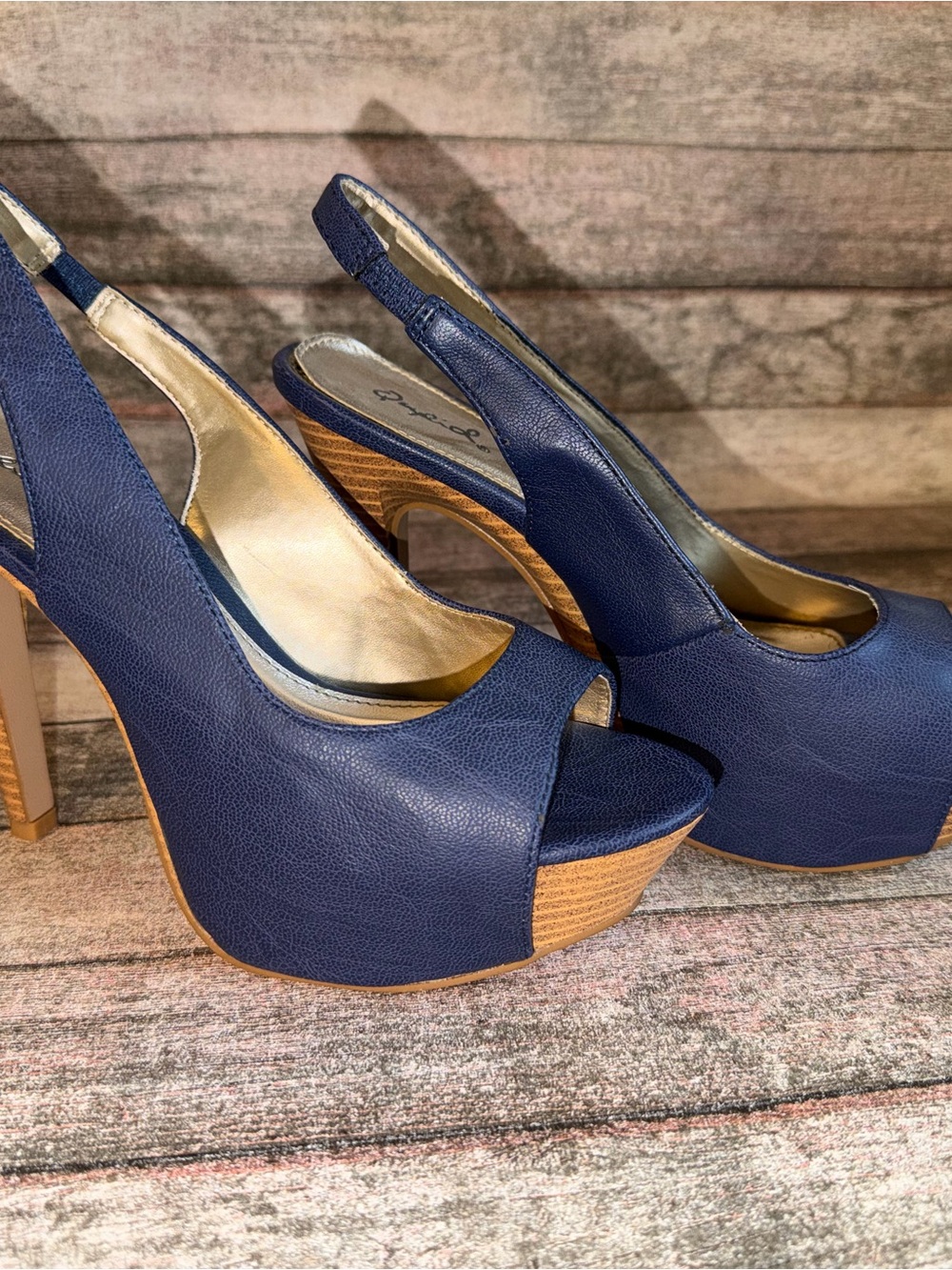 Qupid Navy Blue Peep-Toe Slingback Platform Heels with Wood-Look Platform - Picture 2 of 8